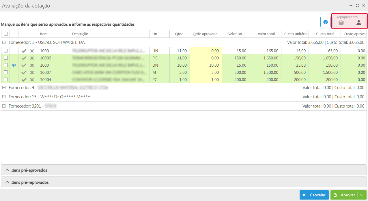 Agrupamento - Avaliação da cotação