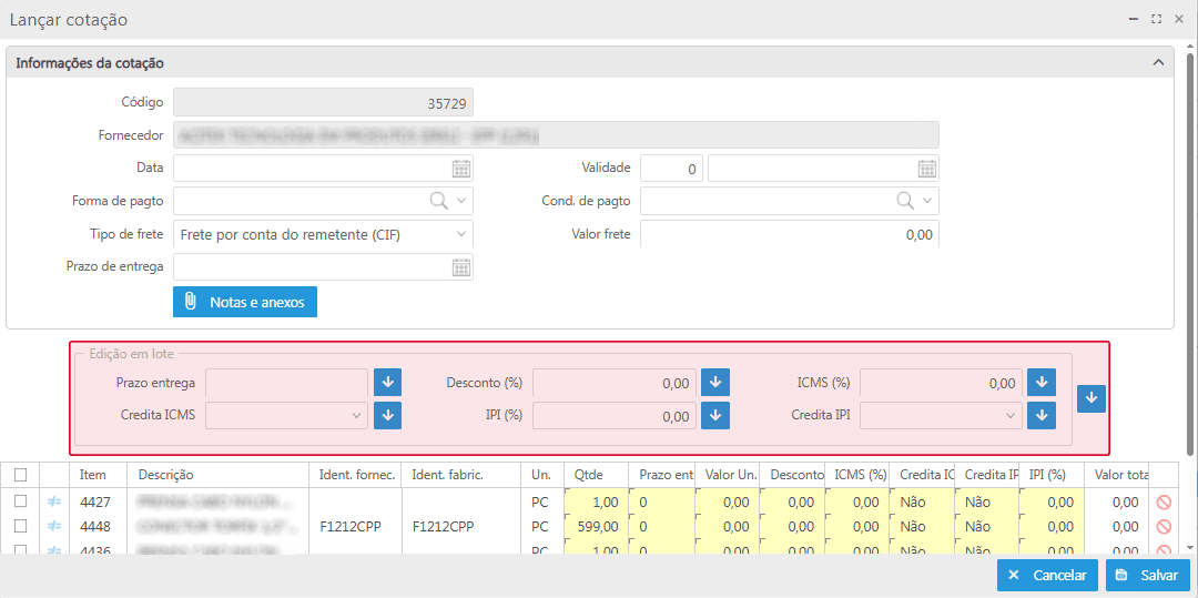 Edição em lote - Lançar cotação