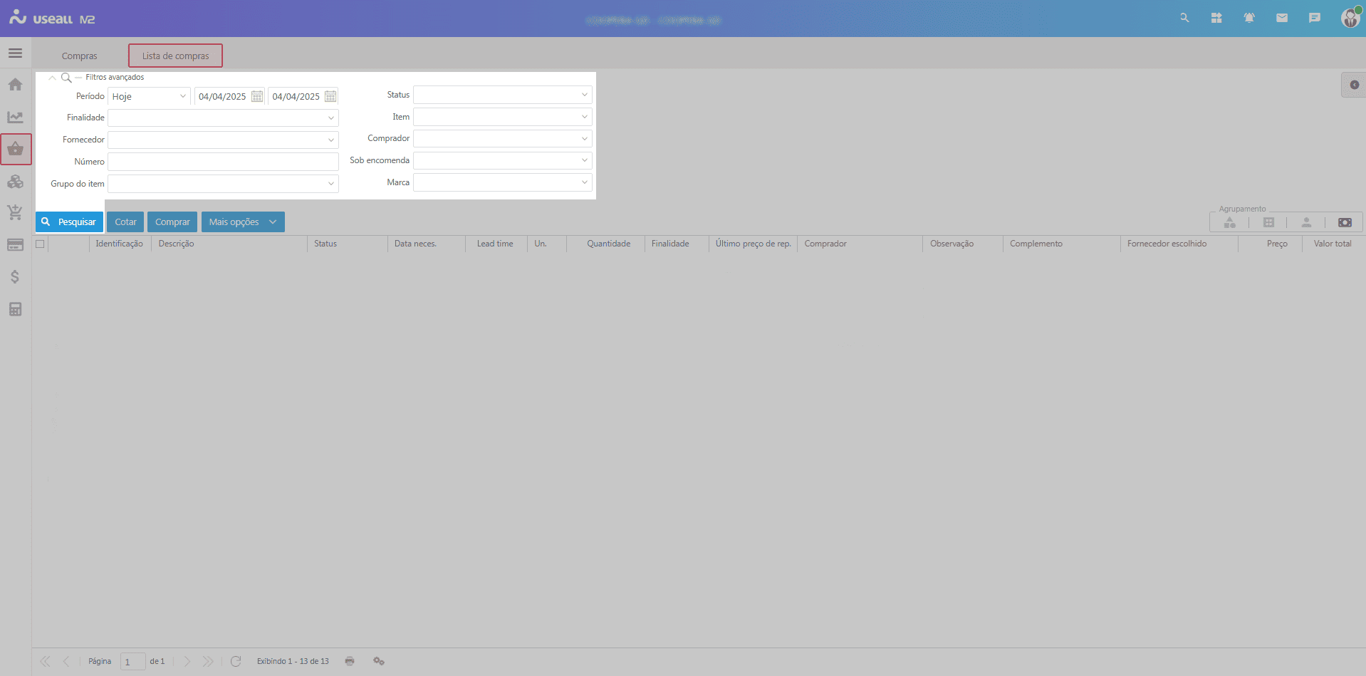 Filtros e botão Pesquisar