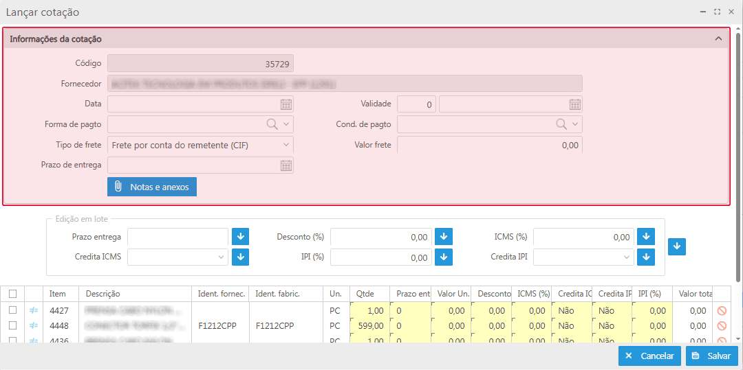 Informações da cotação