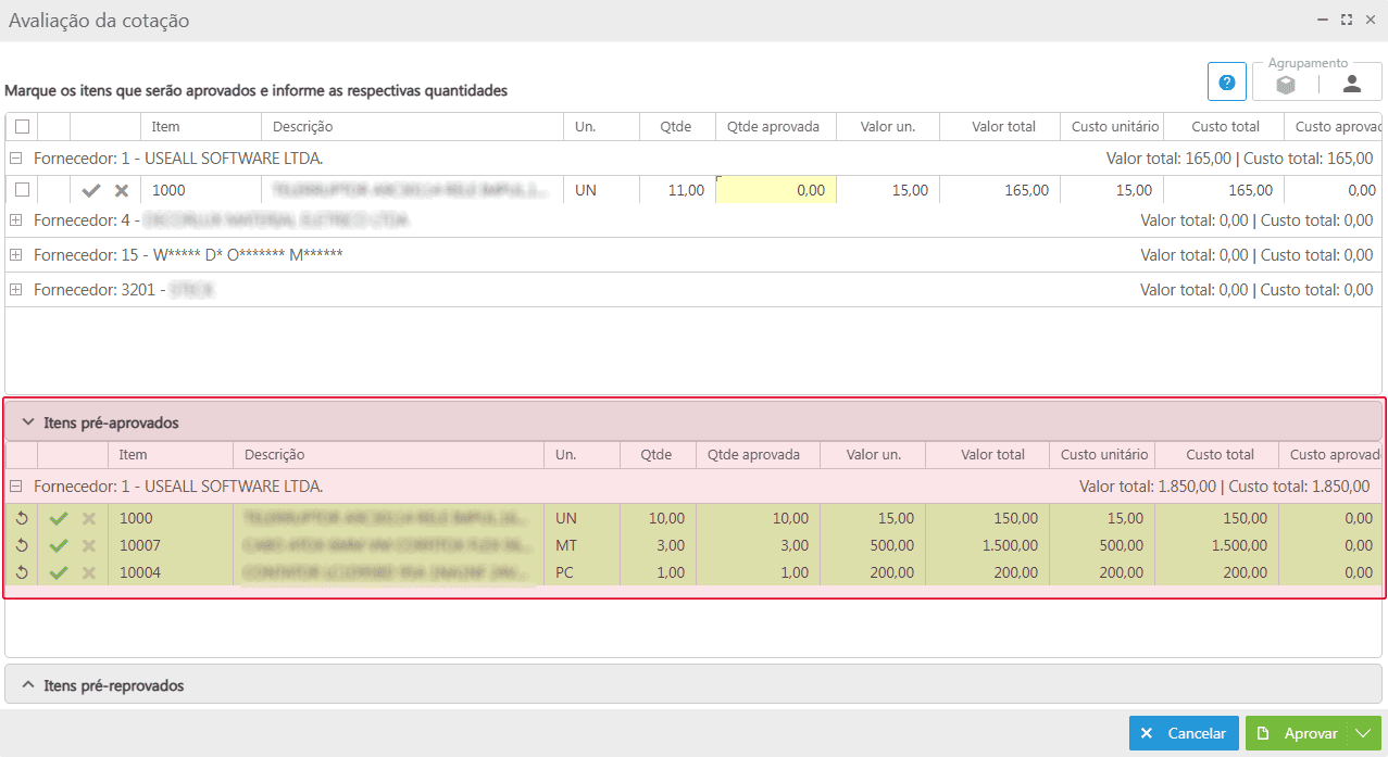 Itens pré-aprovação
