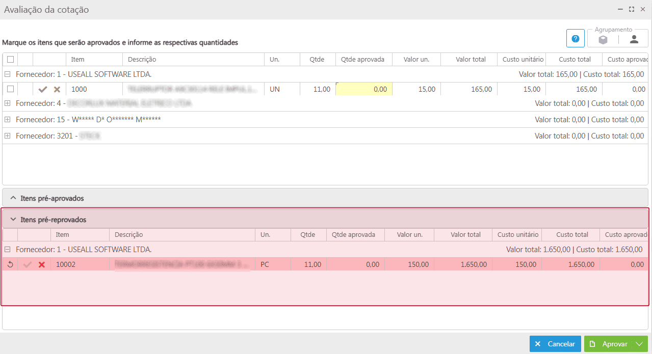 Itens pré-reprovação