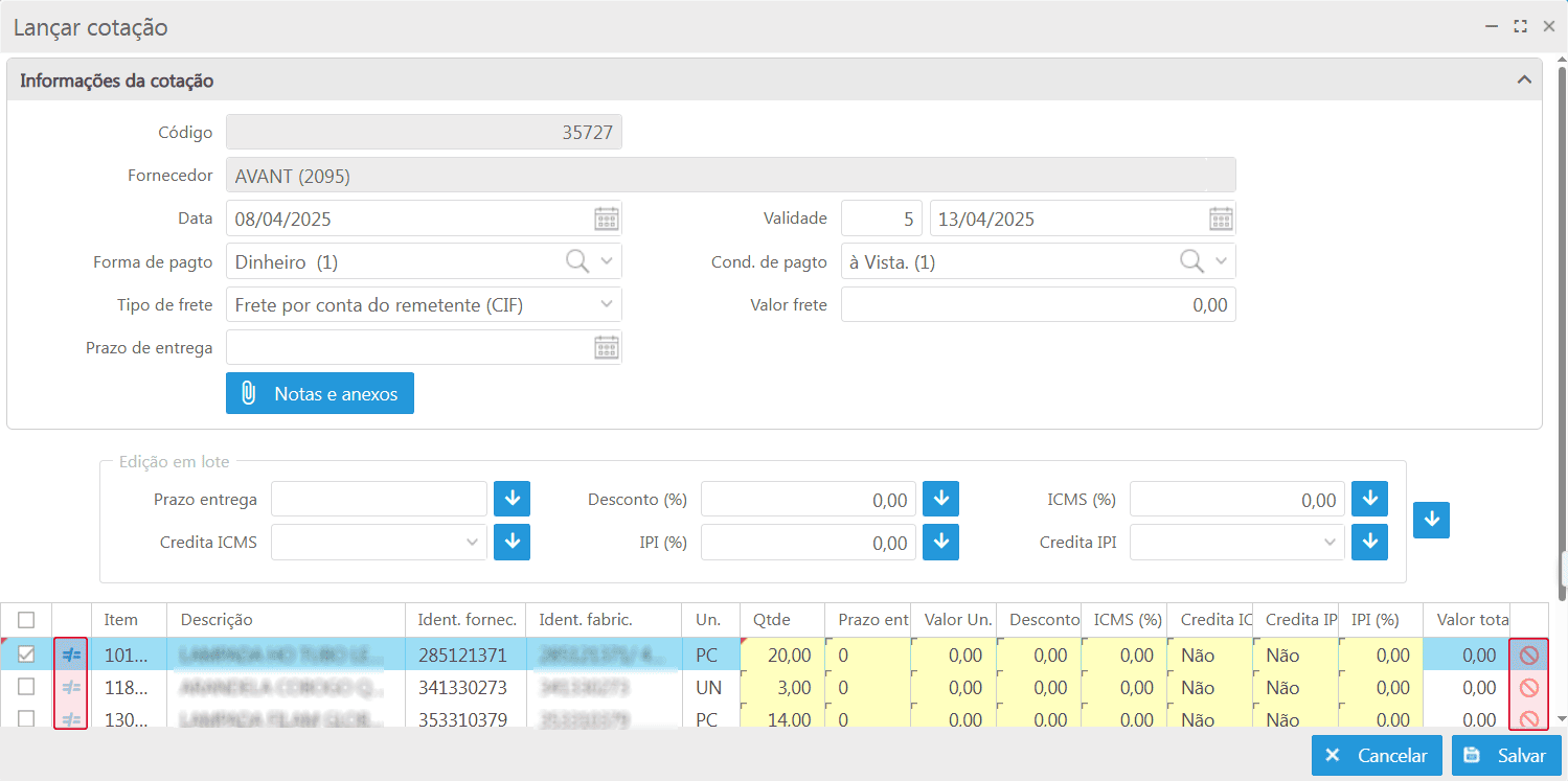 Resposta - Lançar cotação