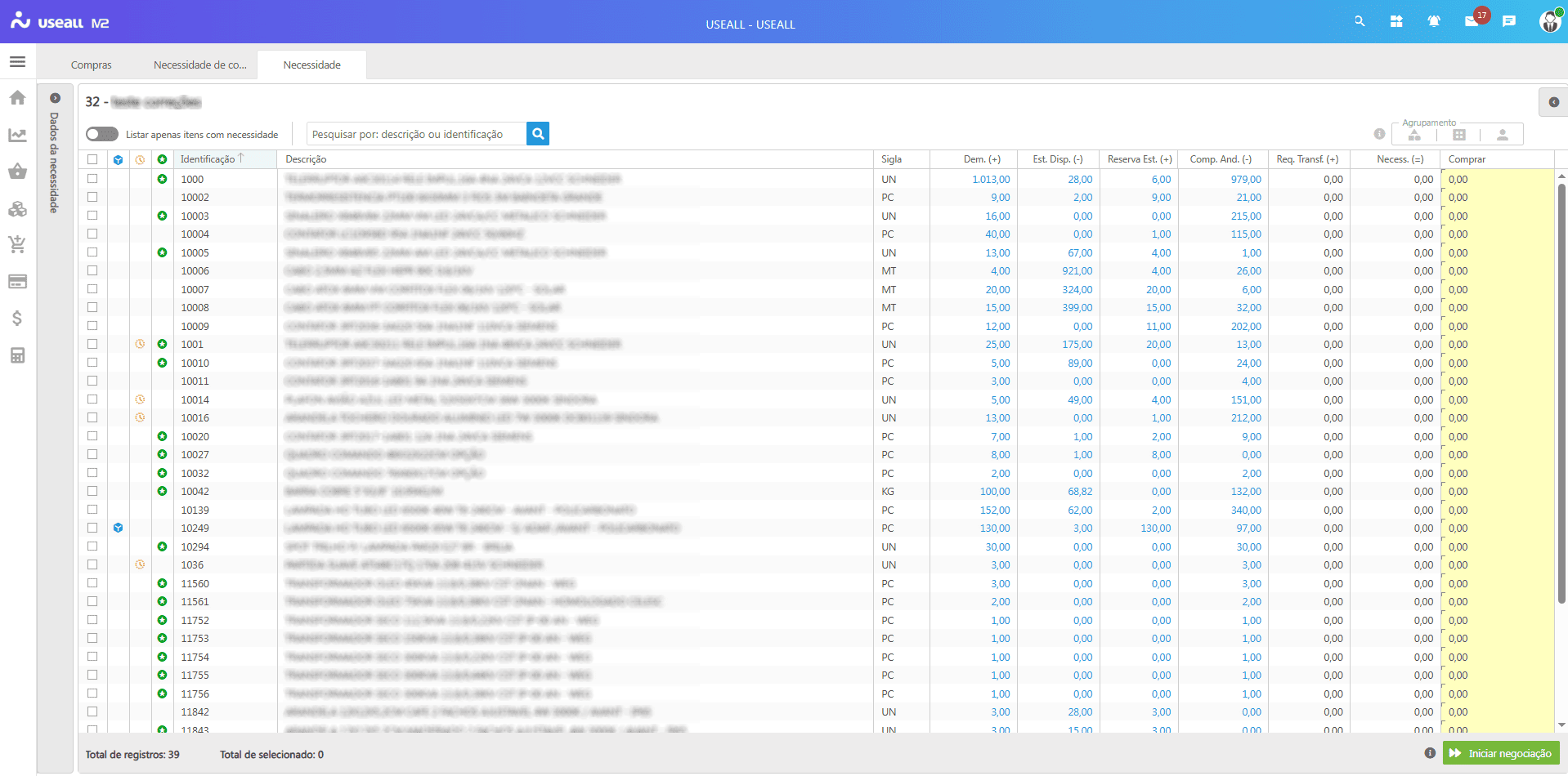 Grid de informações dos itens