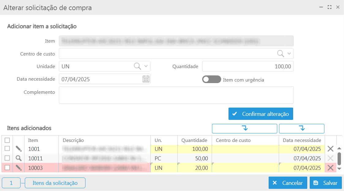 Alterar solicitação de compra