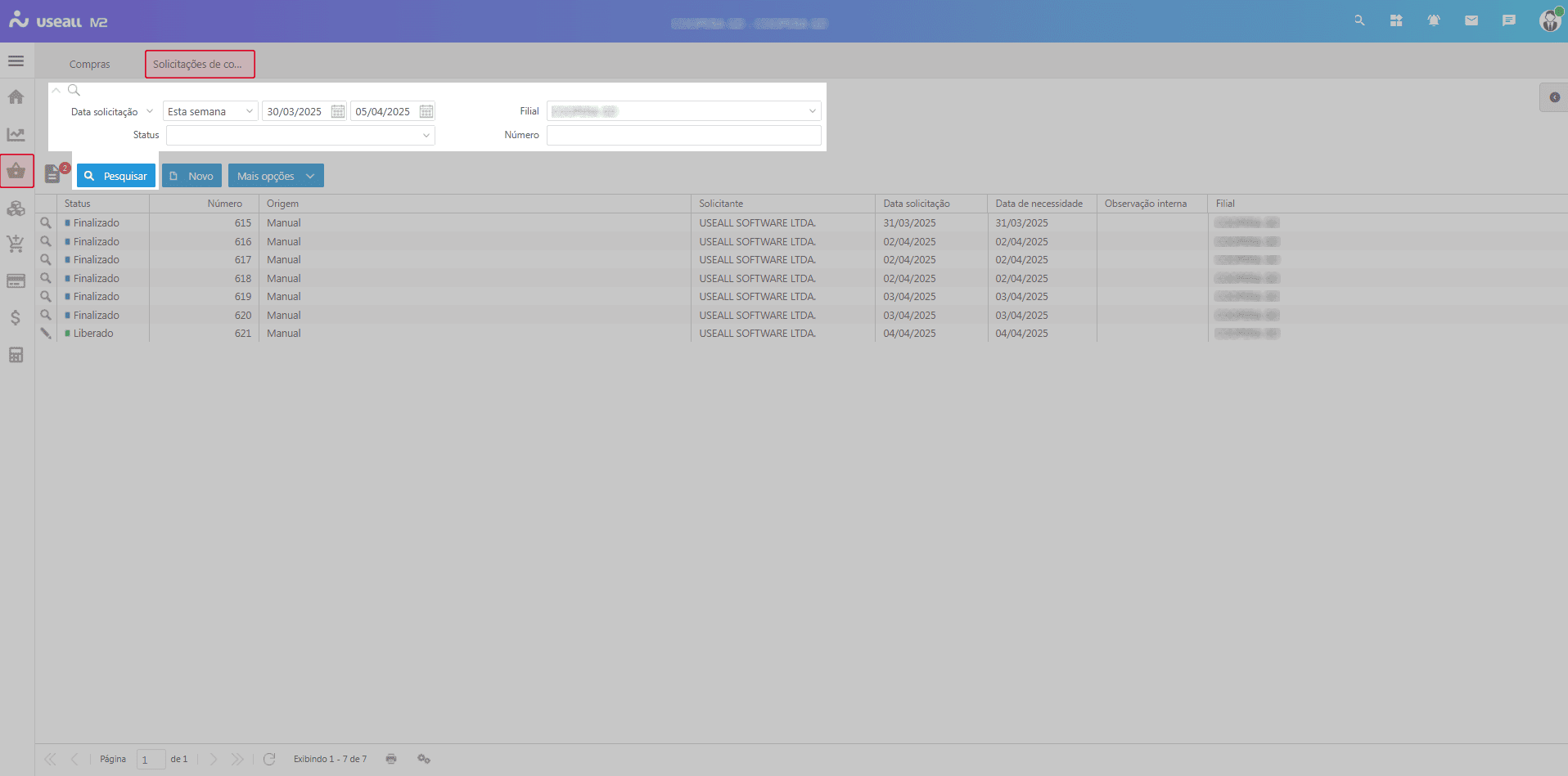 Filtros e botão Pesquisar
