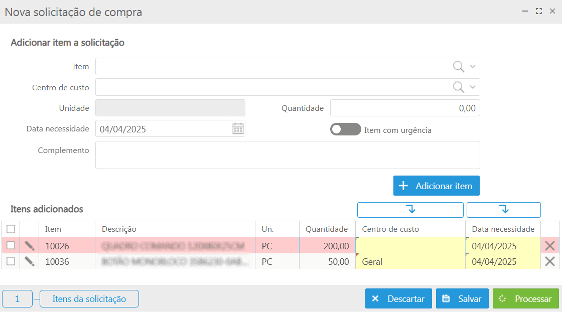 Nova solicitação de compra