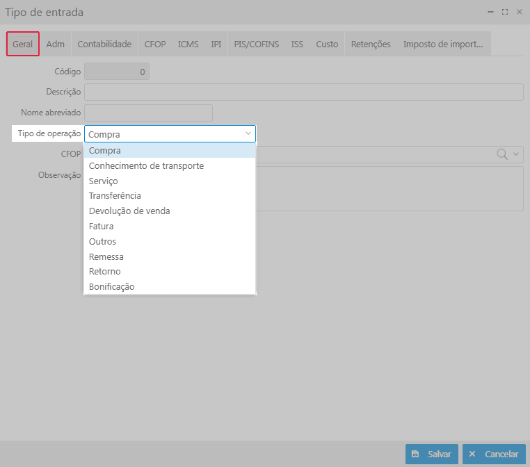 Tipo de operação - Aba geral