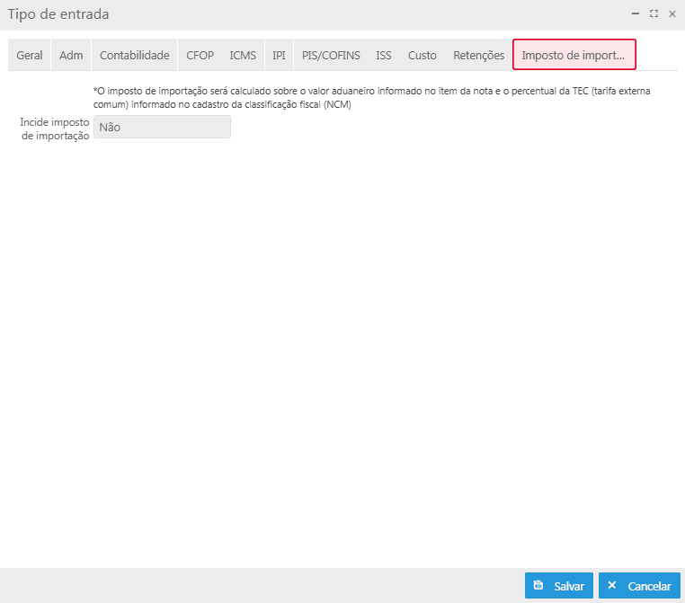 Aba Imposto de importação