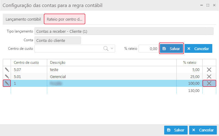 Aba Rateio por centro de custo - Configuração