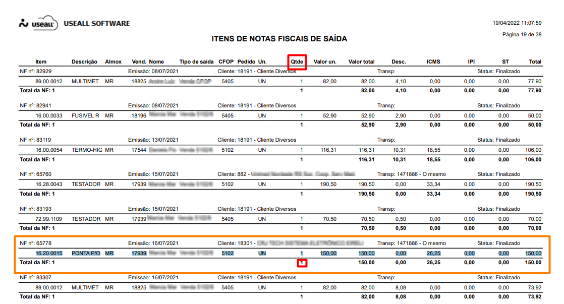 Nota fiscal de saída