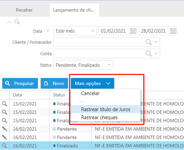 Mais opções - cheques em lote