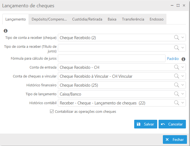 Parametrização Lançamento de cheques