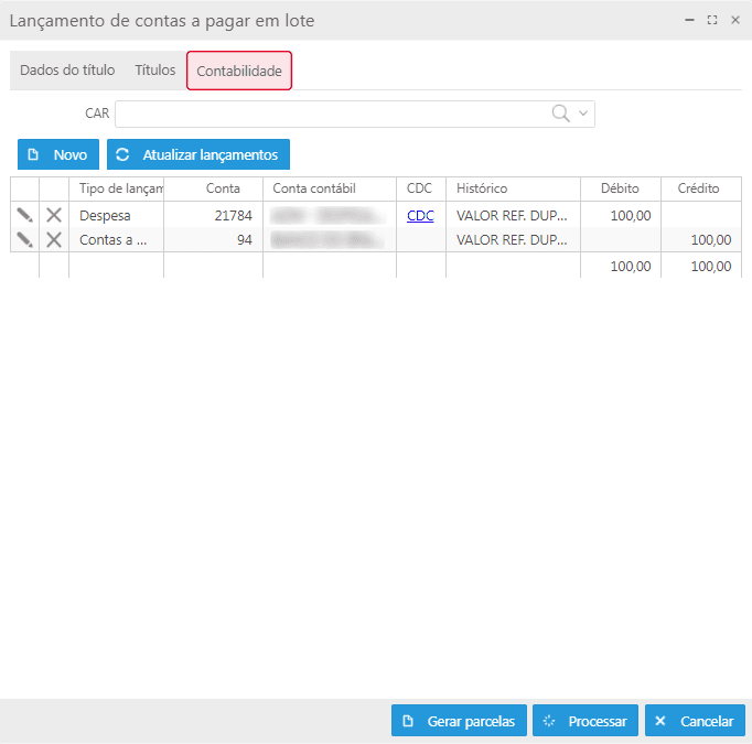 Contas a pagar em lote - Aba Contabilidade