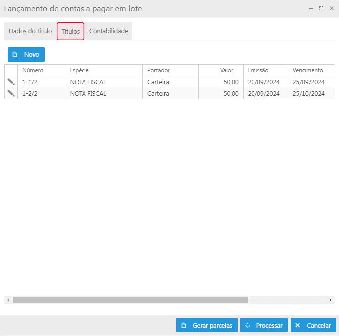 Lançamento - Conta a pagar em lote - Aba Títulos