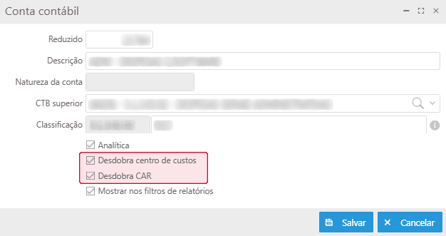 Parâmetros - Conta contábil