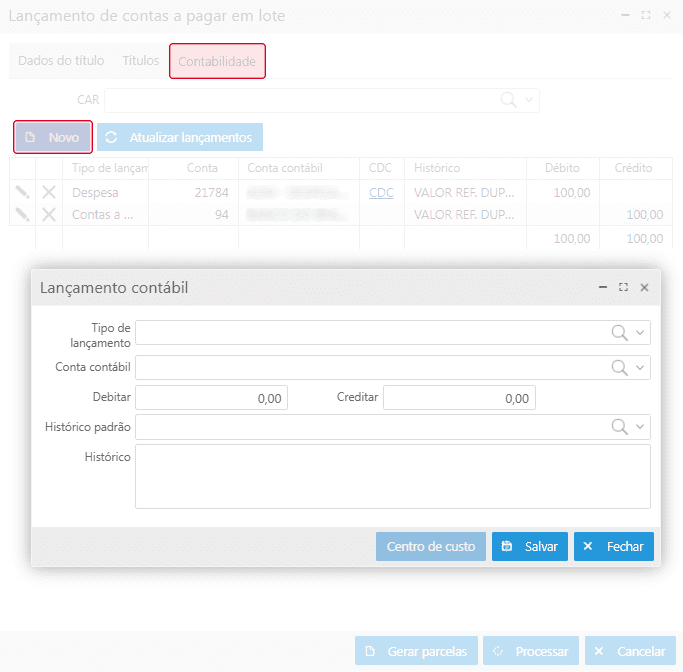 Tela Lançamento contábil - Aba Contabilidade