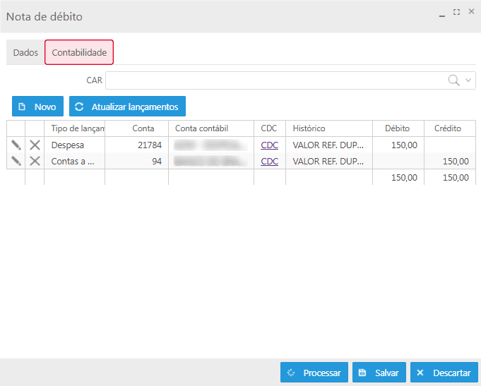 Lançamento - Nota débito - Aba contabilidade