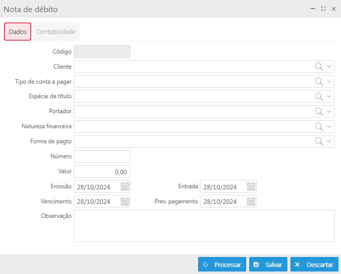 Lançamento - Nota débito - Aba dados