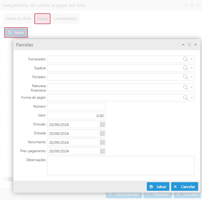 Parcelas - Aba Títulos