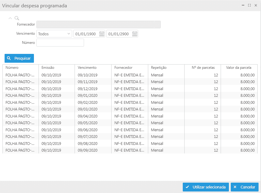 Vincular despesa programada