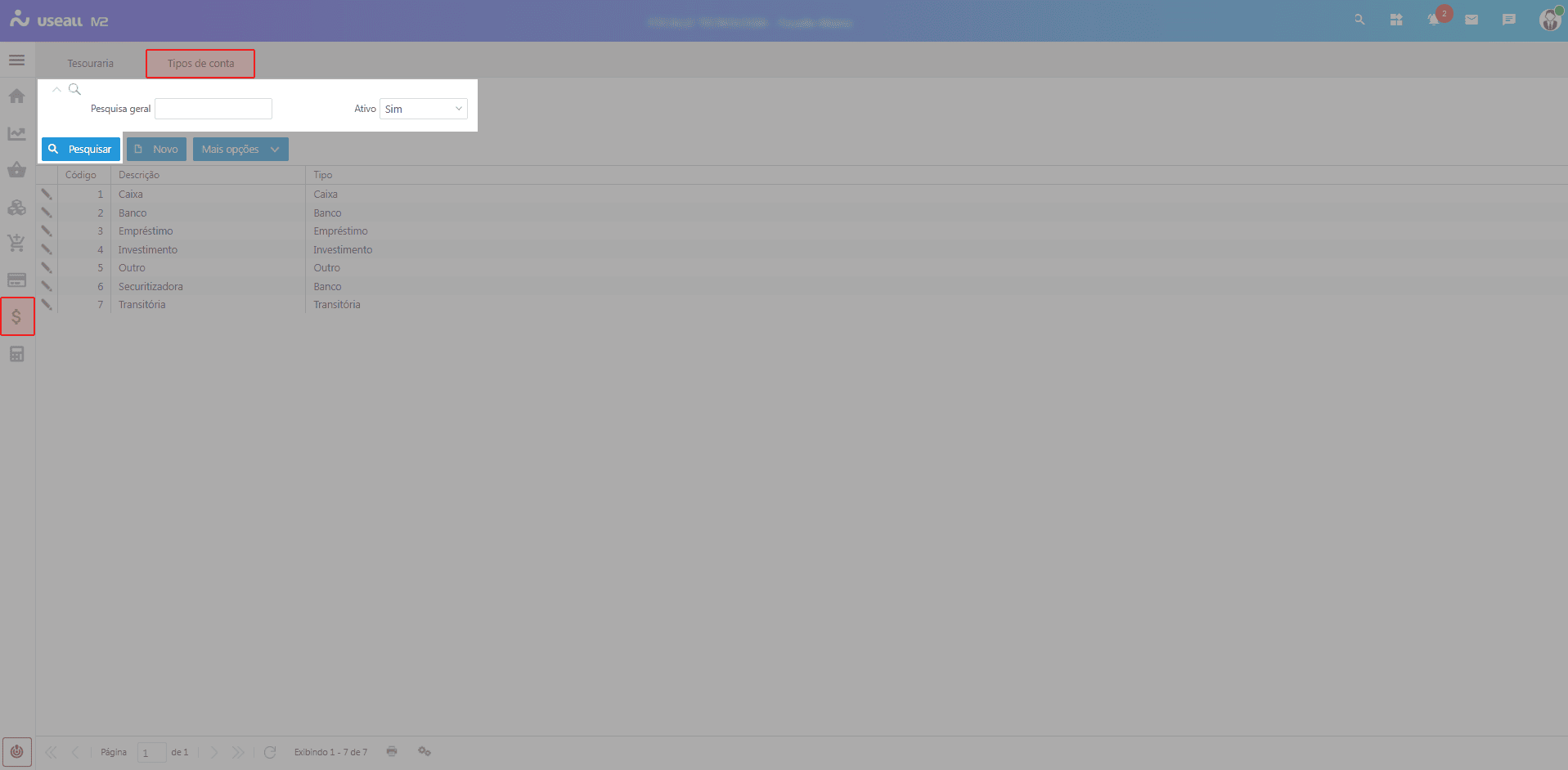 Filtros e botão pesquisar - Tipos de Contas