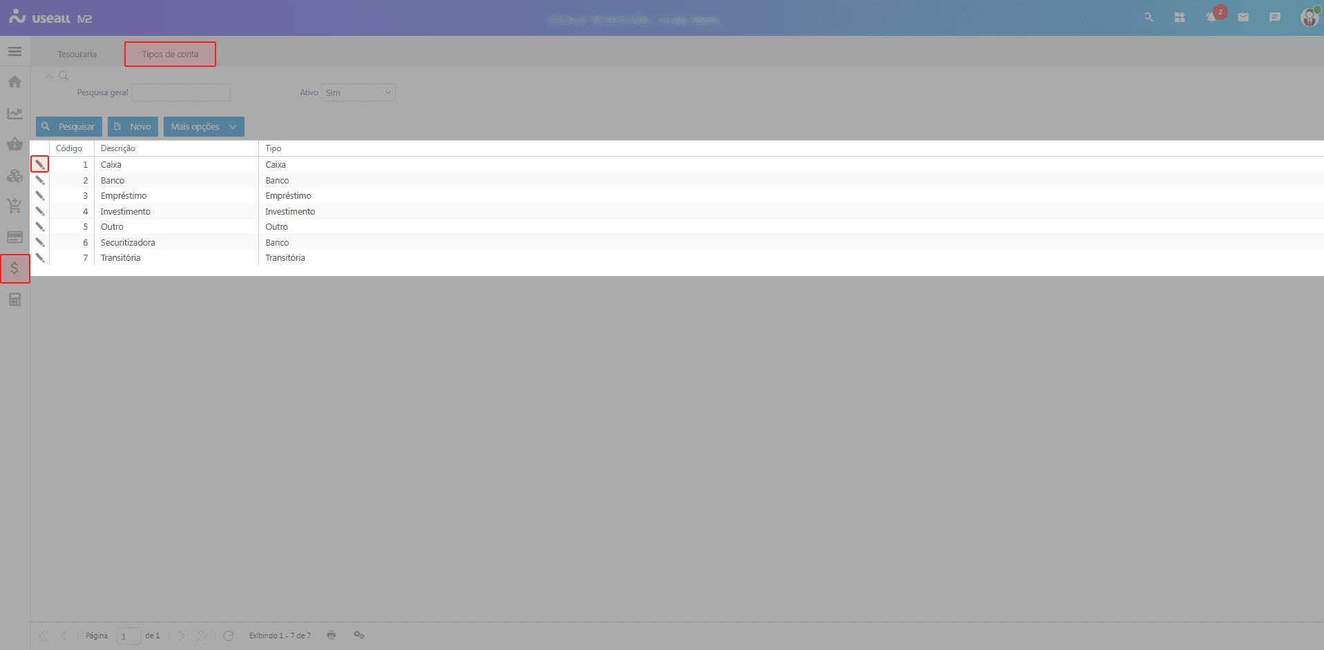Grid de informações - Tipos de Contas