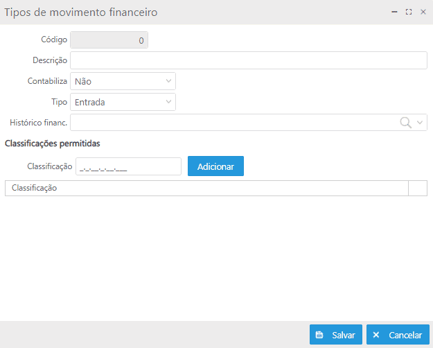 Cadastro - Tipos de Movimento financeiro