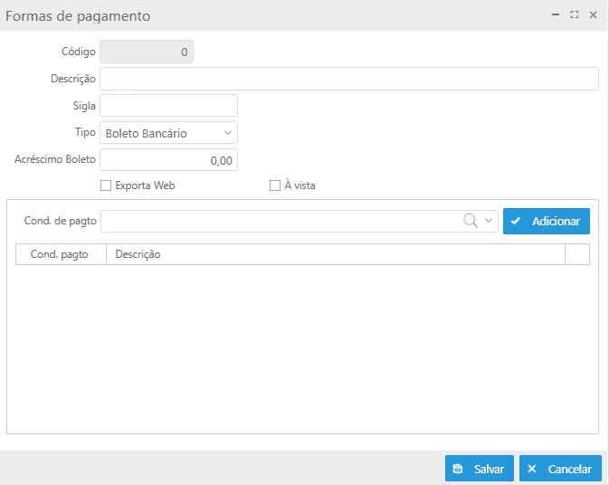 Tela - Formas de pagamento