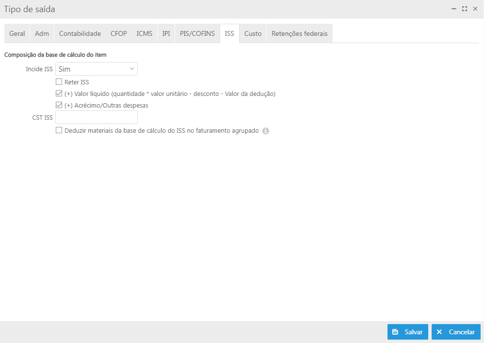 Cadastrar tipo de saída - Aba ISS
