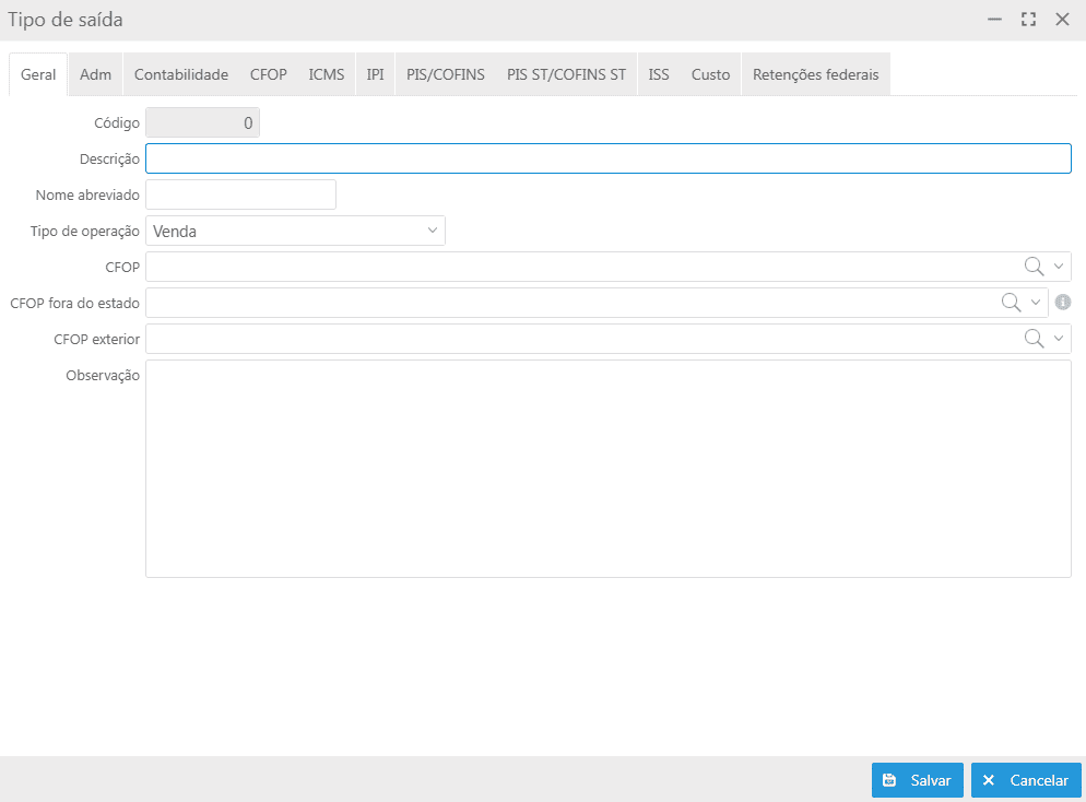 Cadastrar tipo de saída
