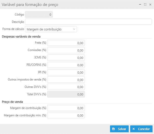 Cadastrar Variável para formação de preço