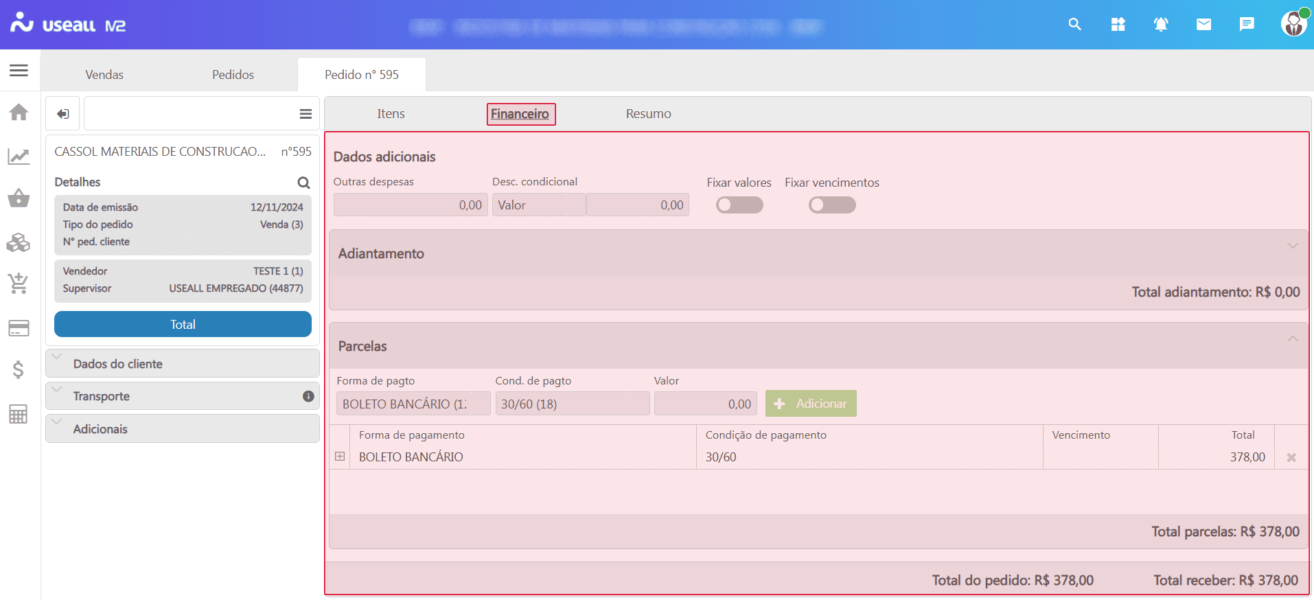 Pedido criado - Aba financeiro