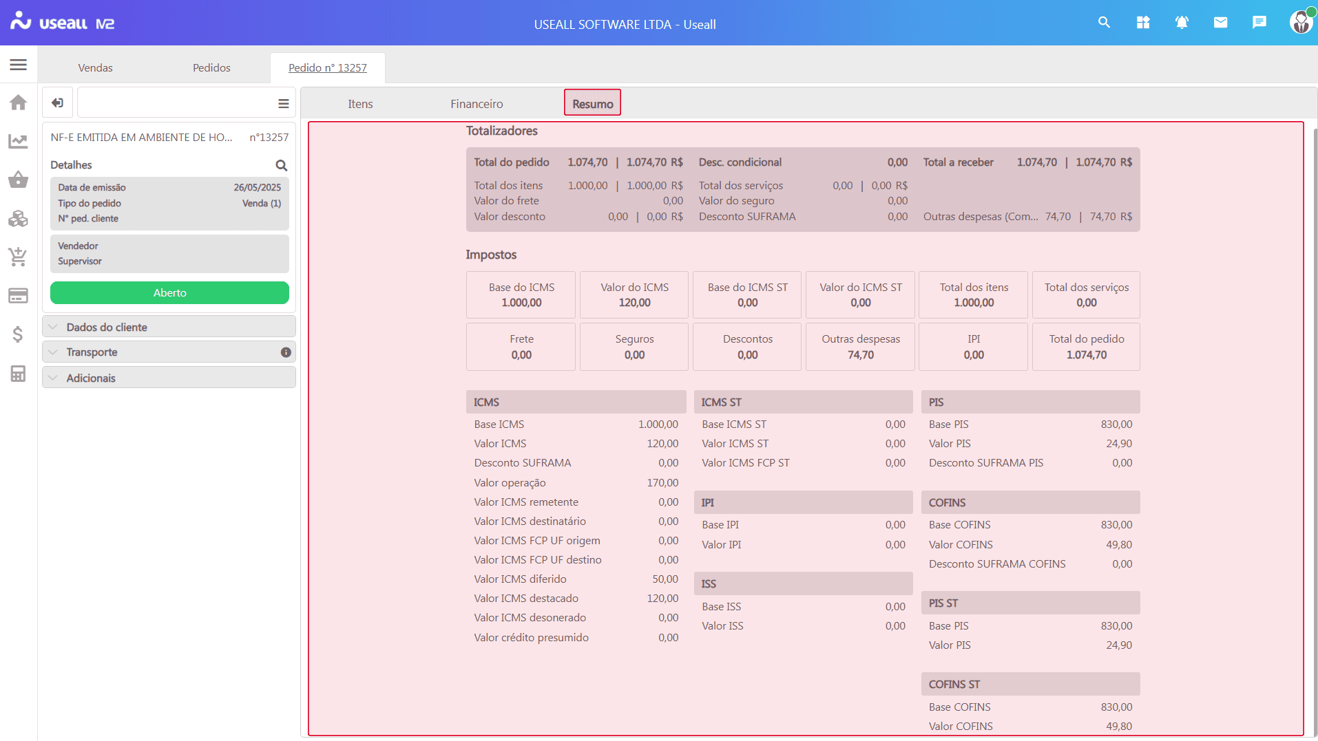 Pedido criado - Aba resumo