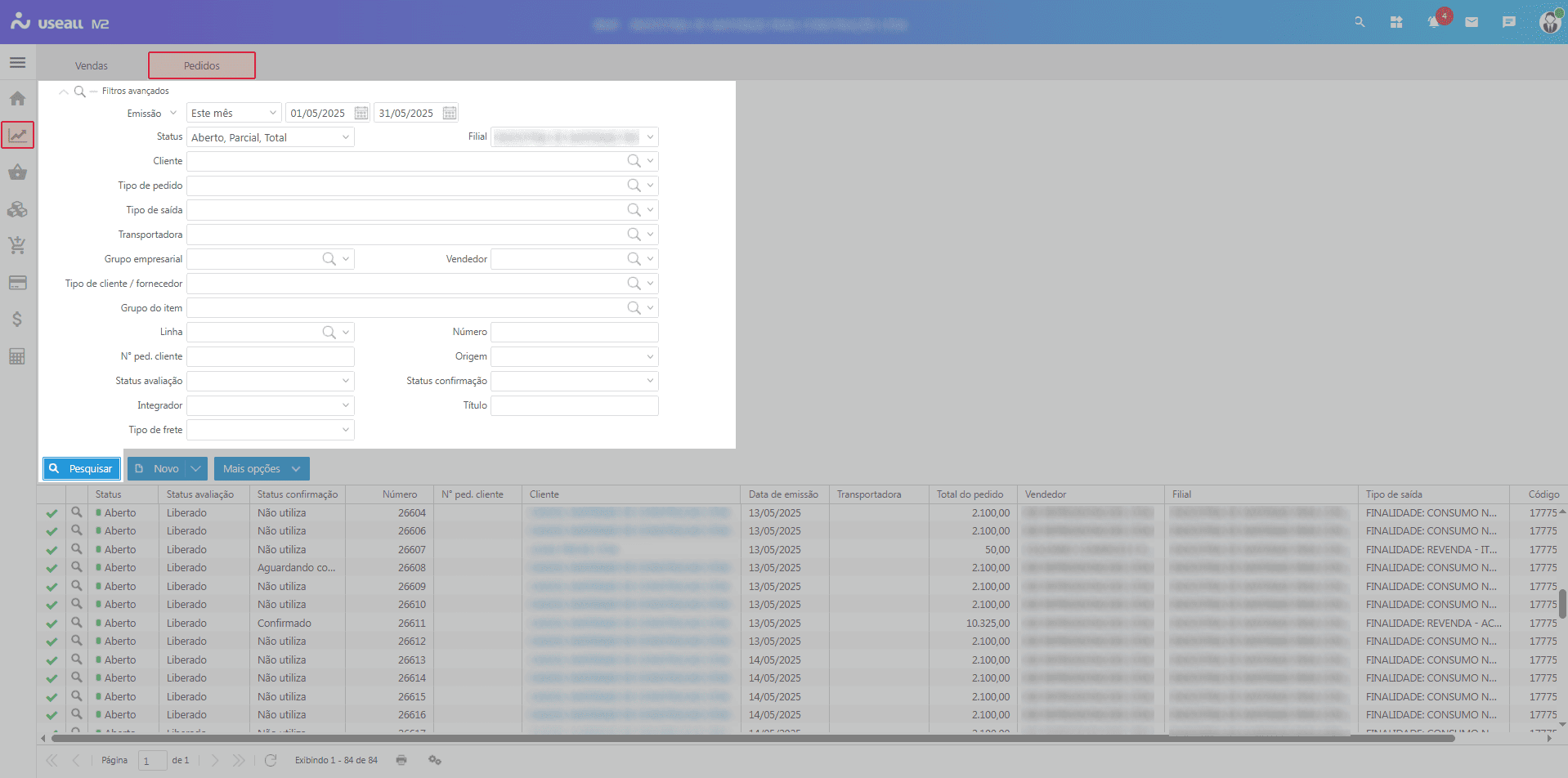 Tela de pedido - Filtros e botão de pesquisa