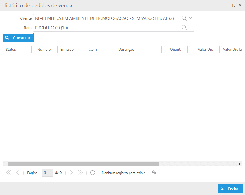 Item - Histórico de pedidos de venda