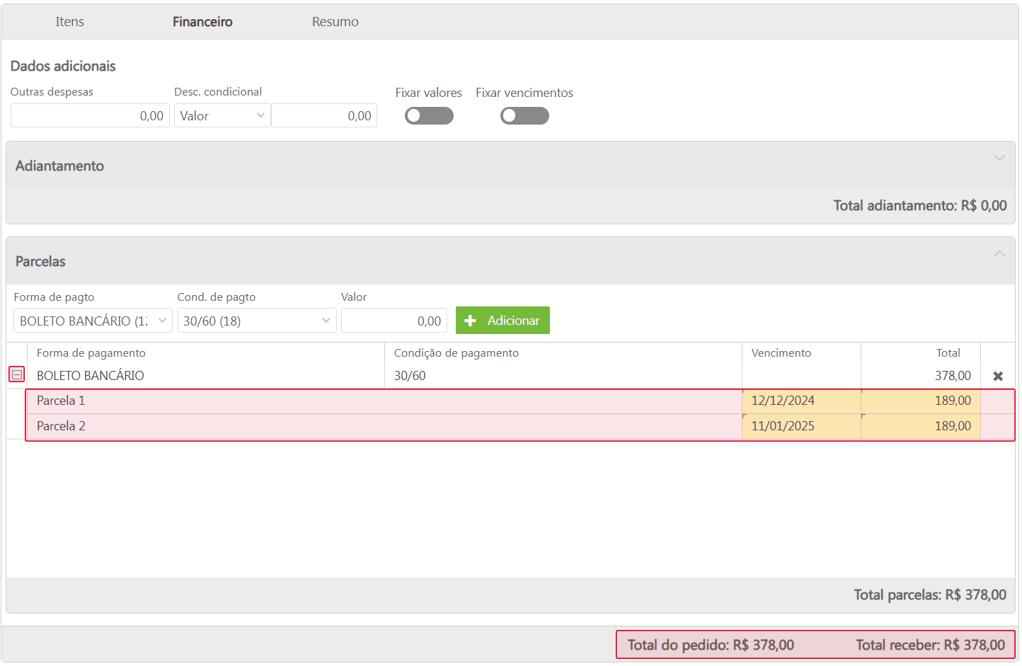 Detalhes da forma de pagamento